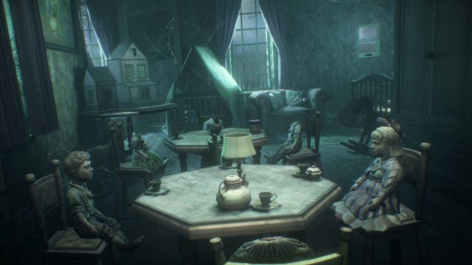 Ein Screenshot von The 7th Guest VR zeigt unheimliche Puppen, die an Tischen in einem längst verlassenen Kinderzimmer sitzen.