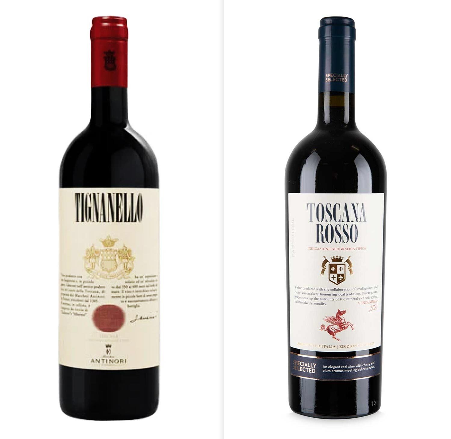 Tignanello, 169,99 £, von Majestic, links, oder Aldis Toscana Rosso, rechts, kostet 9,69 £