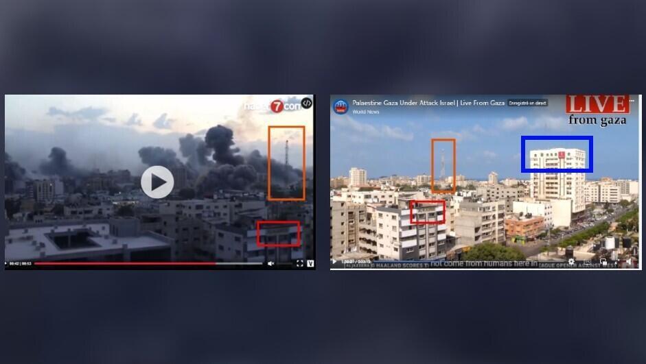 Links das vom türkischen Medium Haber7.com veröffentlichte Video.  Rechts ein von Bellingcat online gefundenes Video, das einen weiteren Blickwinkel zeigt.