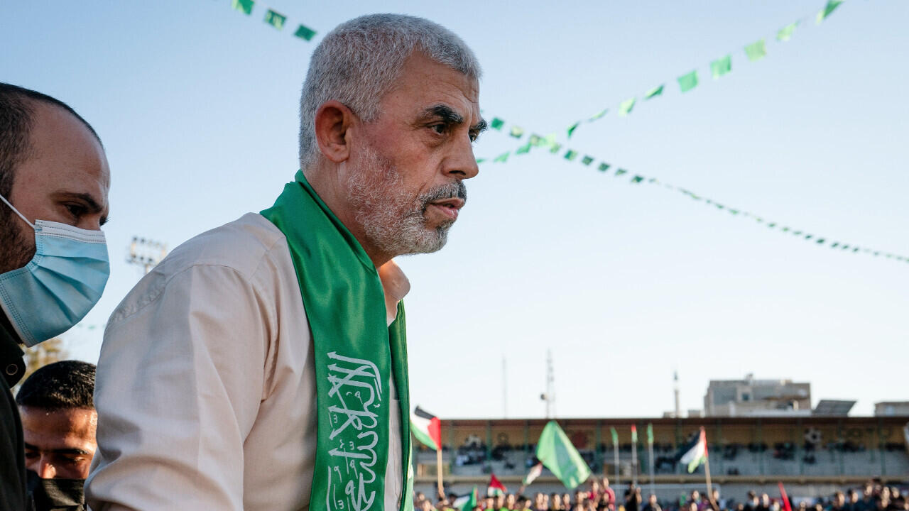 Yahya Sinwar, Palestinian leader of Hamas in the Gaza Strip, takes the stage after greeting supporters at a rally on May 24, 2021. 