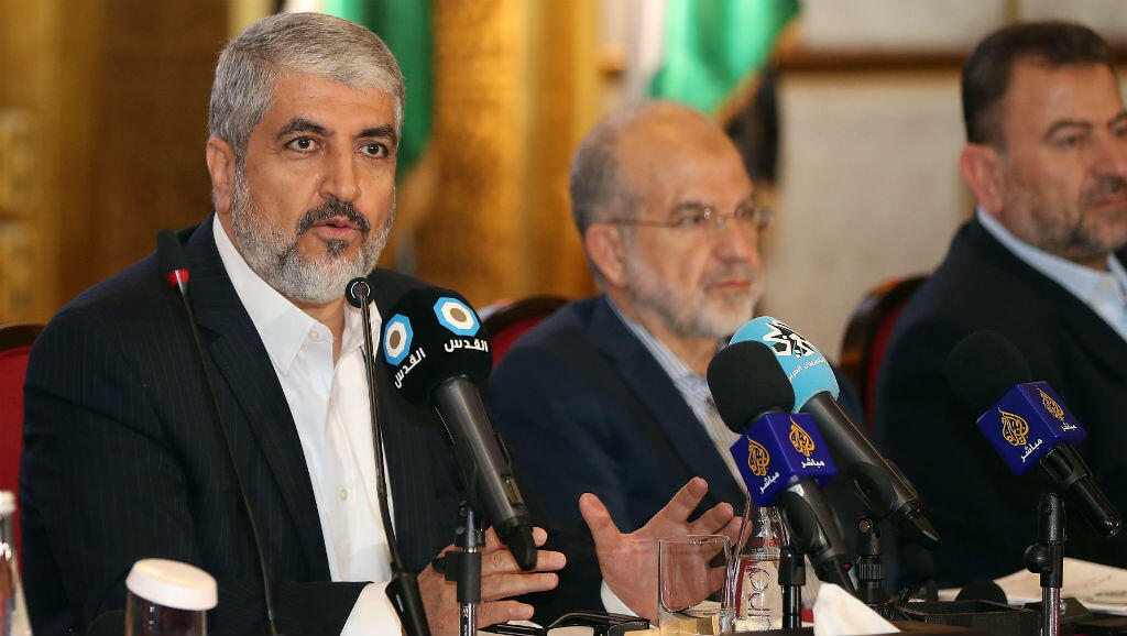 The exiled chief of Hamas's political bureau, Khaled Meshaal, speaks during a conference in Qatar on May 1, 2017.