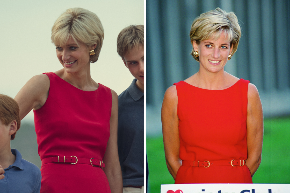„The Crown“-Prinzessin Diana im roten Kleid – Erholung