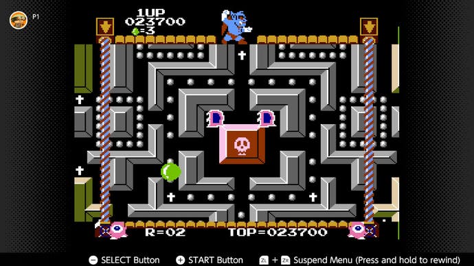 Ein Level im Labyrinthspiel Devil World, in dem der Held durch ein Labyrinth von oben nach unten navigiert.