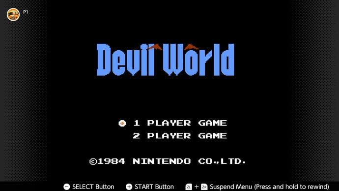 Der Startbildschirm für Devil World mit dem Namen des Spiels und Optionen für einen oder zwei Spieler.