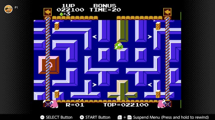 Ein Level im Labyrinthspiel Devil World, in dem der Held durch ein Labyrinth von oben nach unten navigiert.  Es gibt schwimmende Bibeln, die sie sammeln können.