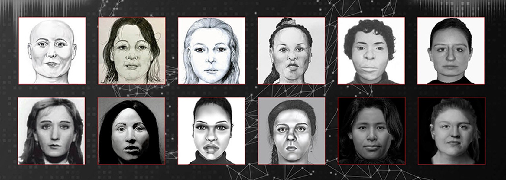 Polizisten versuchen immer noch, die 21 anderen Frauen zu identifizieren (Gesichtsrekonstruktionsskizzen einiger abgebildeter Frauen)