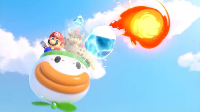 Bowser und Mario werfen in diesem Triple-Move-Angriff aus Super Mario RPG einen Feuerball aus Bowsers Hubschrauber.