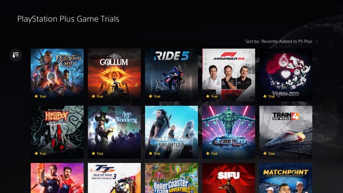 Screenshot, der eine Reihe der Spiele zeigt, die im Testangebot von PlayStation Plus Premium verfügbar sind