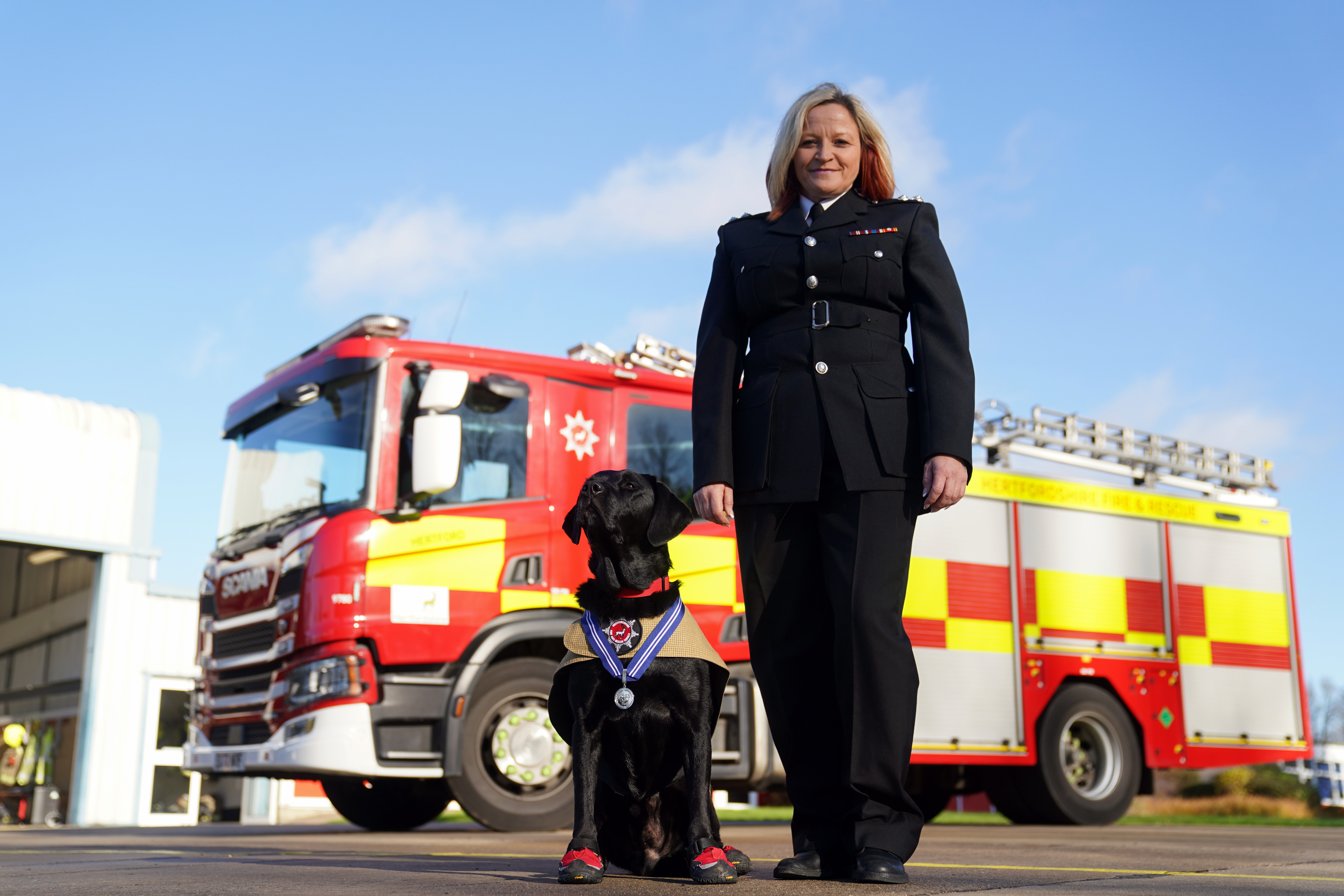 Reqs, abgebildet mit Nikki Harvey, war der dienstälteste Feuerwehrhund im Vereinigten Königreich, als er Anfang des Jahres nach elf Jahren in den Ruhestand ging