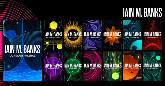 Ein Bild, das die neuen Cover der neu aufgelegten Culture-Romane von Iain M Banks zeigt – jedes Cover zeigt eine einfache, Tarot-ähnliche Grafik eines Planeten oder einen Science-Fiction-Hook