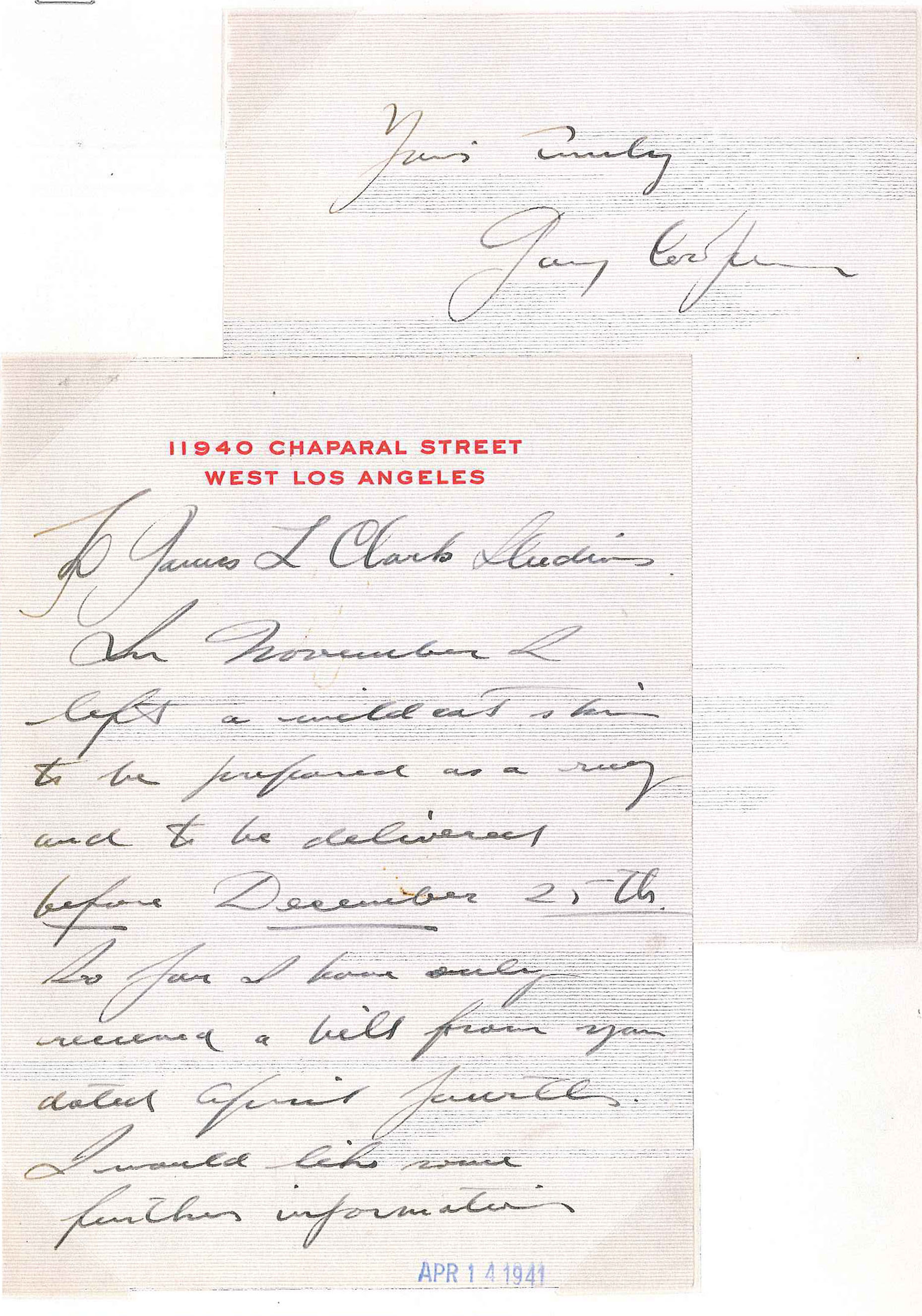 In den fünfzehn Jahren nach dem Mord investierte das Paar sein erbeutetes Geld in Erinnerungsstücke wie diesen Brief von Gary Cooper