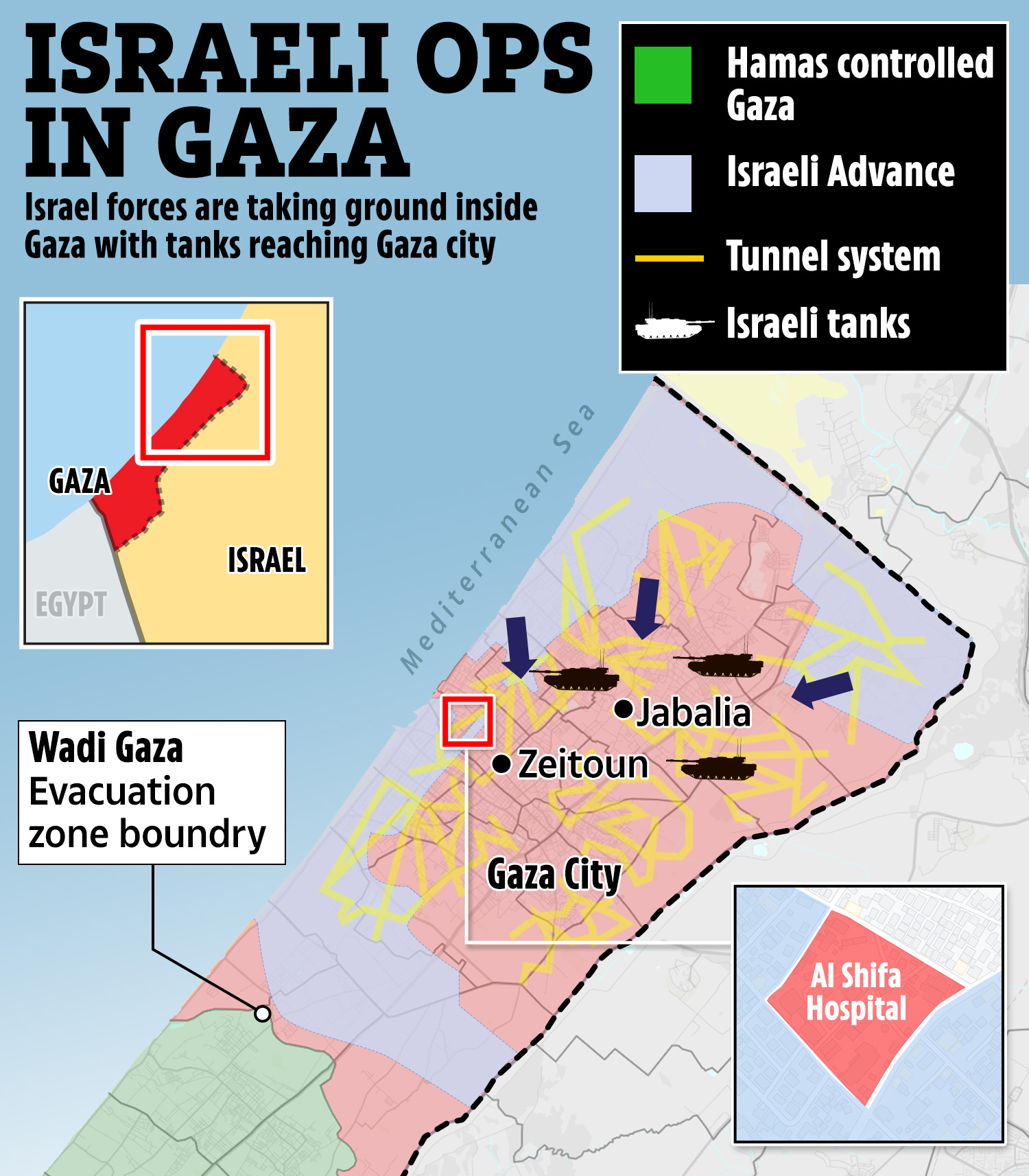 Karte zeigt, wie israelische Truppen nach Zeitoun und Jabalia vordringen