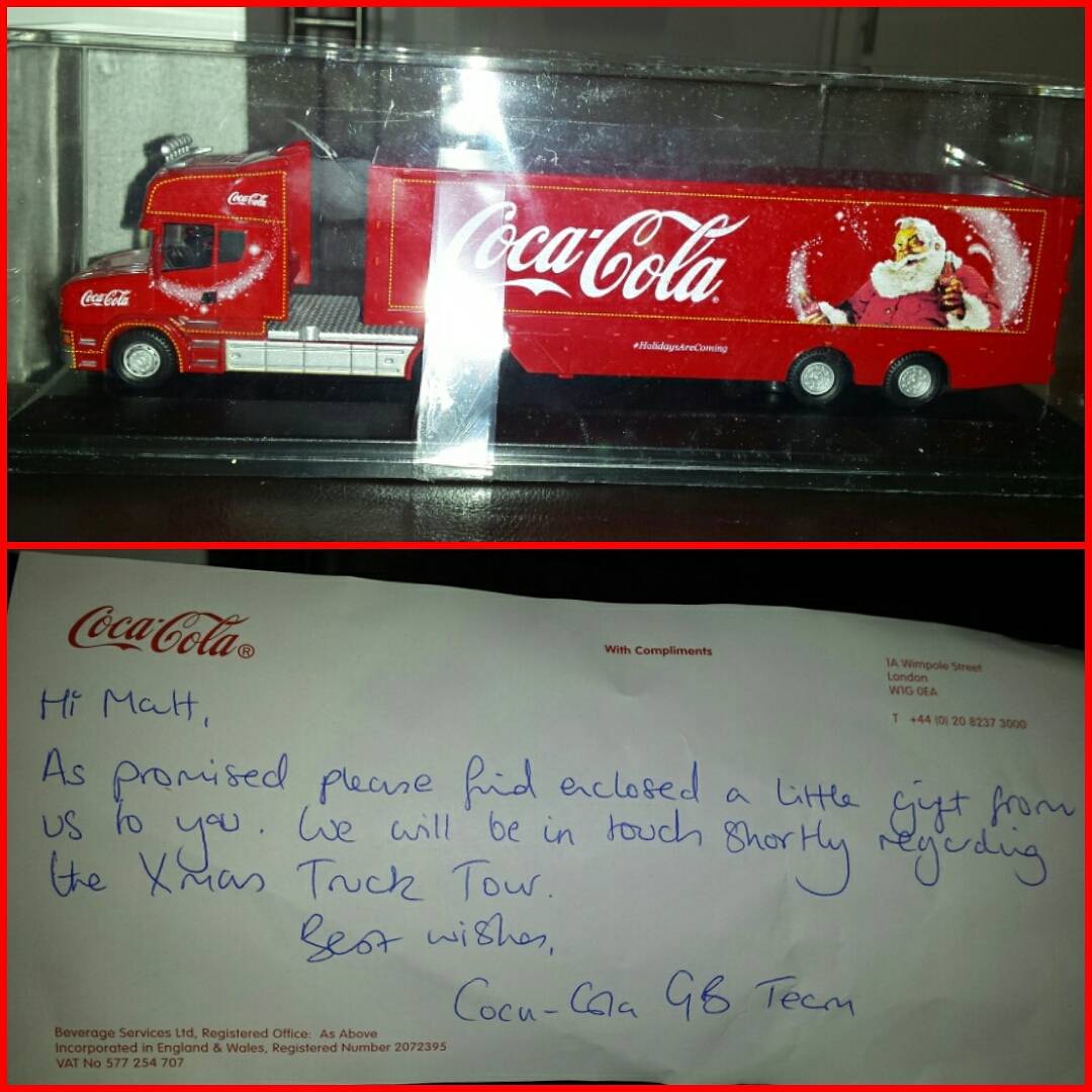 Nach dem Erlebnis erhielt Matt eine Kiste Coca-Cola und eine Sammlernachbildung des Lastwagens