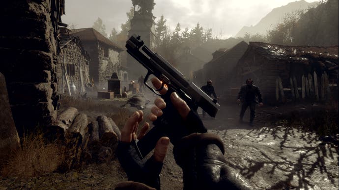 Leon lädt im VR-Modus von Resident Evil 4 eine Pistole nach