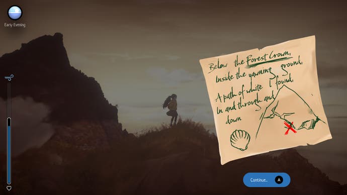 Ein Screenshot von Highland Song zeigt: Moira auf einem Gipfel mit einer handgezeichneten Karte zu einem Pfad von Hamish