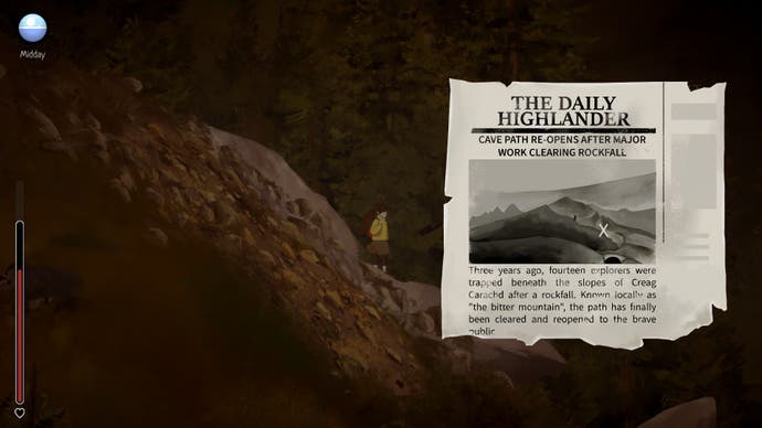 Ein Screenshot von Highland Song, der Moira neben einer Ladung Pantoffelsteinen zeigt, und ein Stück Zeitungsausschnitt, das einen Hinweis auf eine Höhlenöffnung zeigt.