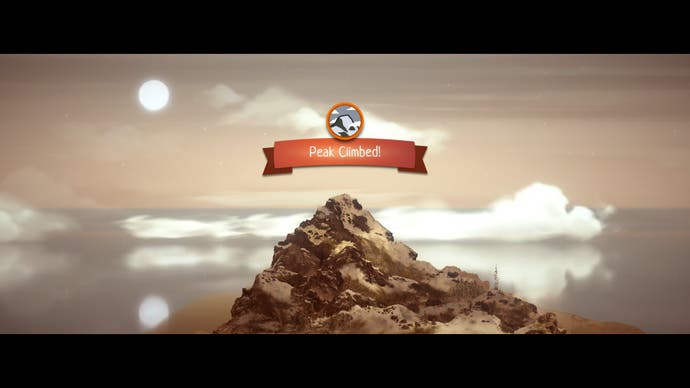 Ein Highland Song-Screenshot, der den Gipfelbesteigungsbildschirm auf einem hohen Berg zeigt