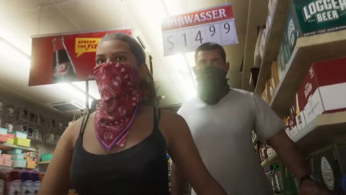 GTA 6-Trailer zeigt Julia und Jason, wie sie mit Bandanas über dem Gesicht durch einen Supermarkt marschieren.