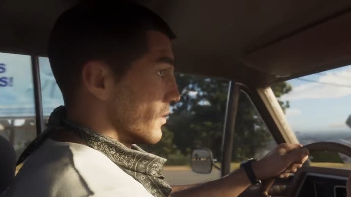 GTA 6-Screenshot, der Jason beim Fahren zeigt, wie er ängstlich aussieht.