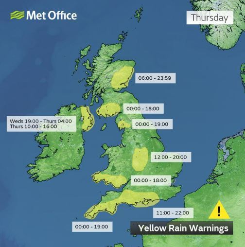Für weite Teile des Vereinigten Königreichs wurden heute gelbe Regenwarnungen herausgegeben