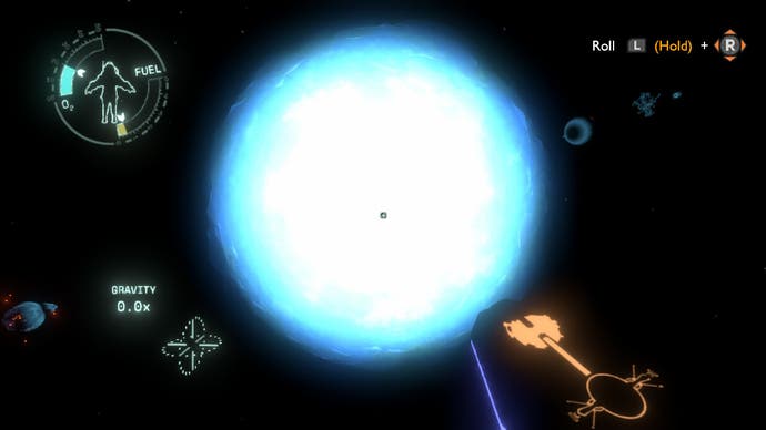 Auf diesem Bildschirm von Outer Wilds verwandelt sich die Sonne in eine Supernova.  Ein riesiger Ball aus weißem Licht rast durch den Weltraum.