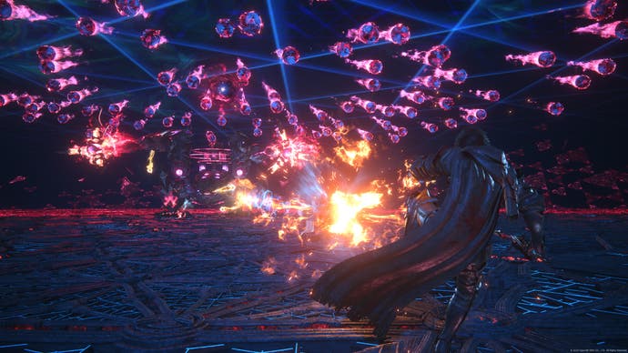 Clebe gegen die Kugelhölle eines mechanischen Bosses im Final Fantasy 16 DLC