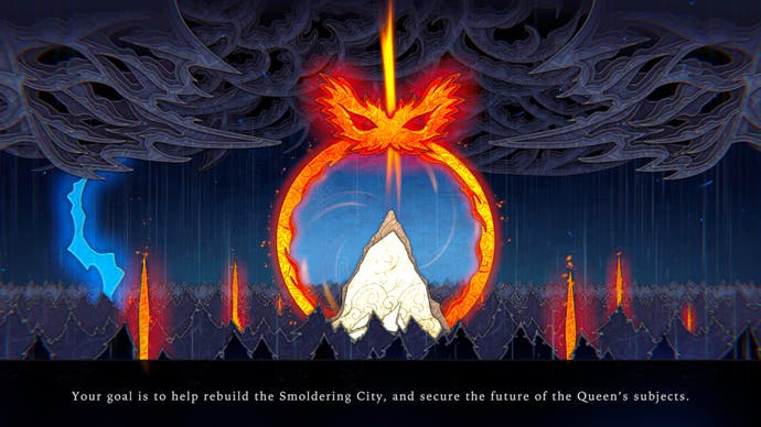 Screenshot von Against the Storm, der eine stilisierte Illustration der Welt zeigt und mit der Überschrift „Ihr Ziel ist es, beim Wiederaufbau der schwelenden Stadt zu helfen und die Zukunft der Untertanen der Königin zu sichern.“