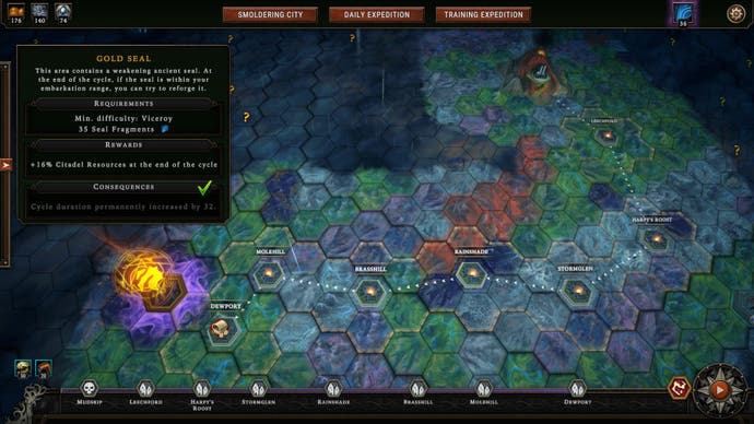 Screenshot von Against the Storm, der einen Siedlungspfad auf der Oberwelt zeigt, der sich vom Zentrum bis zu einem Goldsiegel erstreckt