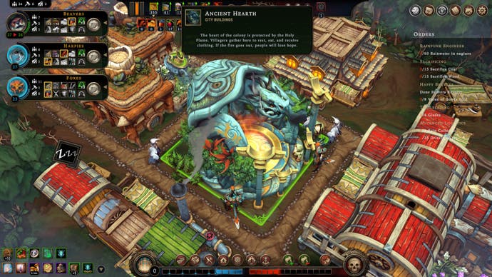 Screenshot von Against the Storm, der eine große dekorierte Feuerstelle im Zentrum einer Siedlung zeigt, mit einem Tooltip, der seine Bedeutung erklärt