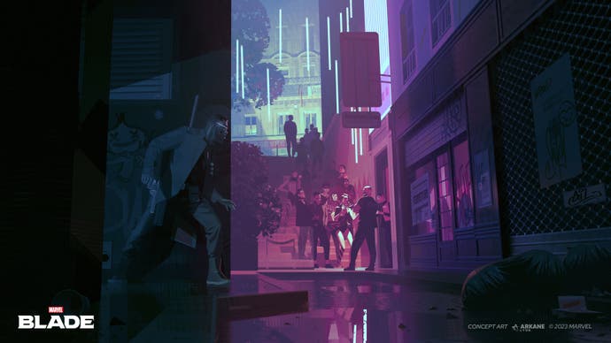 Konzeptkunst für Marvel's Blade, die Blade zeigt, wie er sich heimlich durch die Straßen von Paris bewegt.