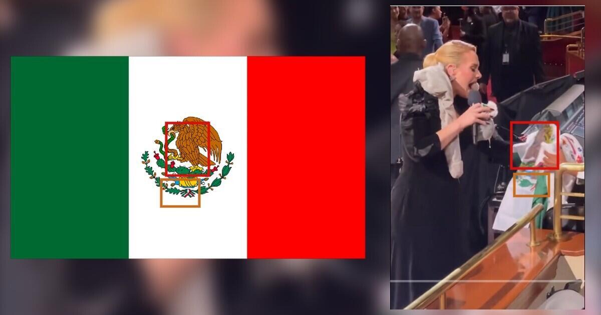 Links die mexikanische Flagge.  Rechts Adele, wie sie die Flagge (erkennbar an mehreren orange und rot eingekreisten Elementen) am Bühnenkontrollpult abwirft.