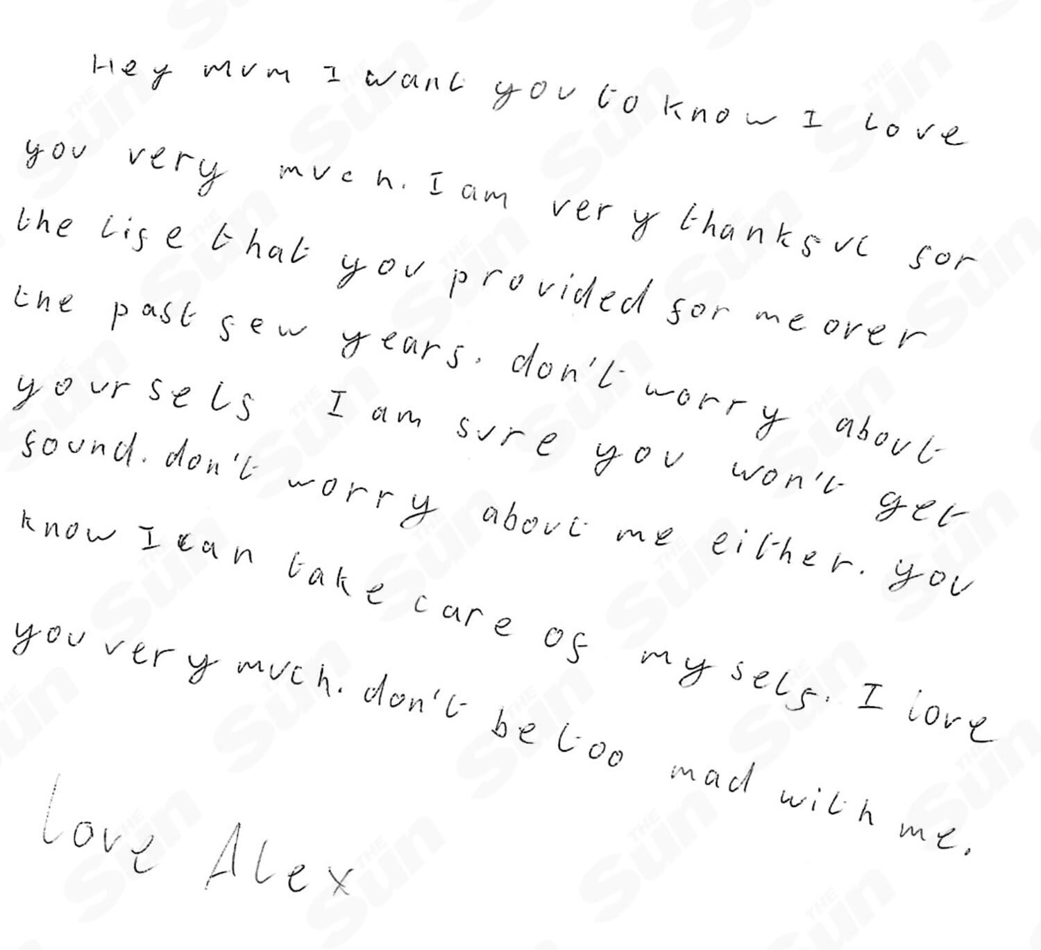 Alex reproduzierte seine Notiz an seine Mutter für The Sun