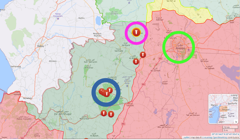 Rot markiert das vom syrischen Regime kontrollierte Gebiet, während Grün das von Rebellen kontrollierte Gebiet markiert.