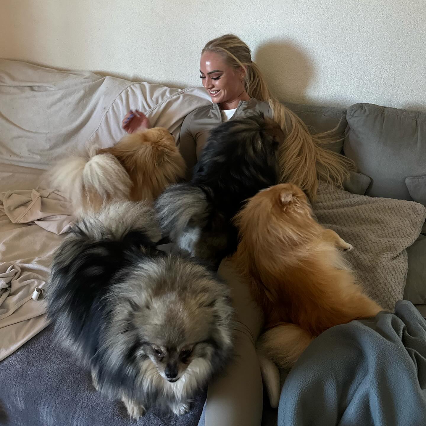 Ein Schnappschuss zeigte, wie sie mit ihren süßen Hunden ein Bett teilte