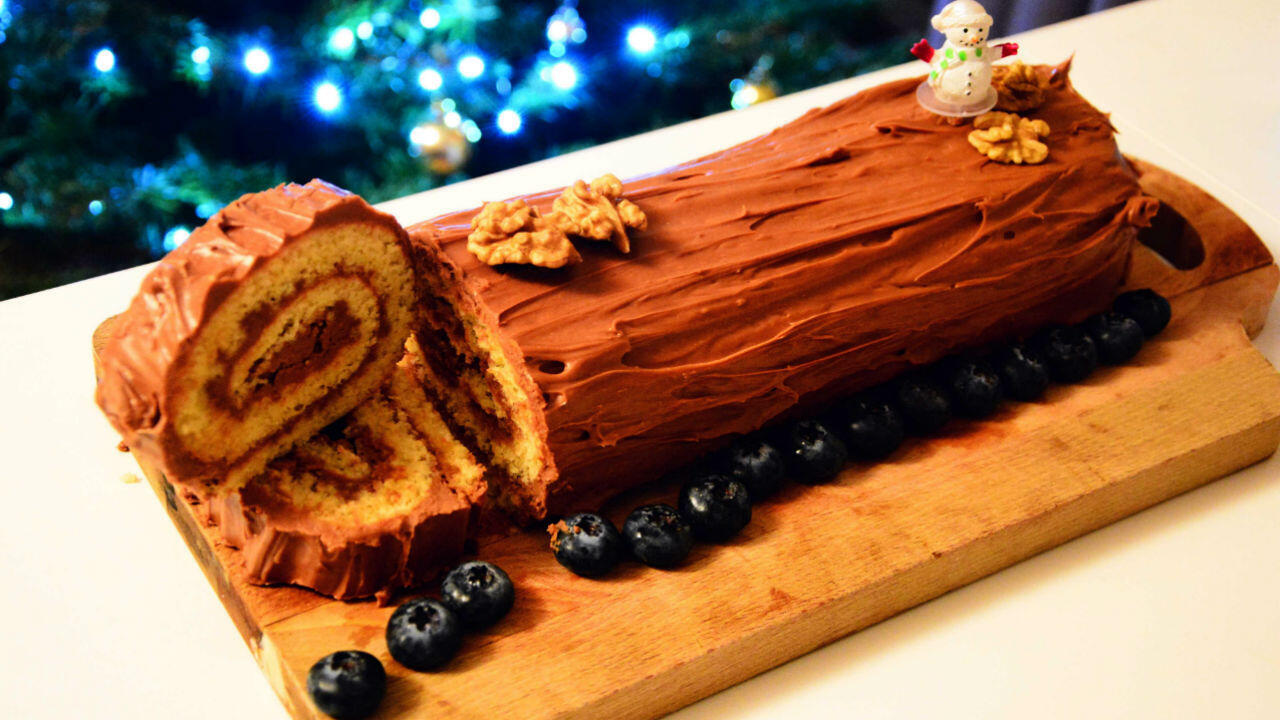 A bûche de Noël, or Yule log cake, is a French Christmas tradition.