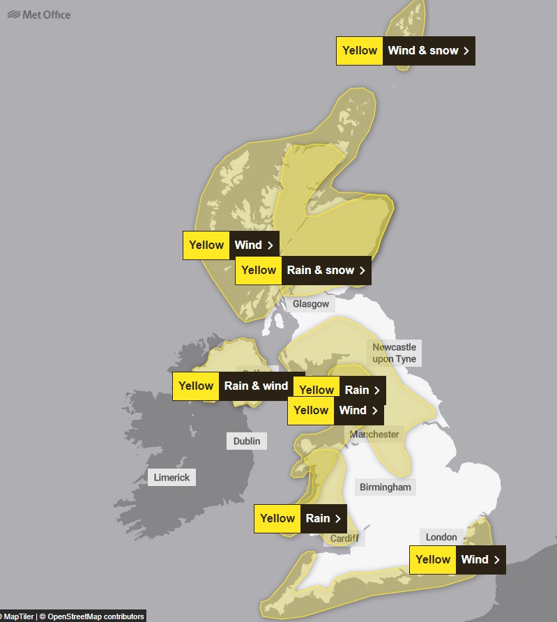 In weiten Teilen des Vereinigten Königreichs gelten gelbe Wind- und Regenwarnungen