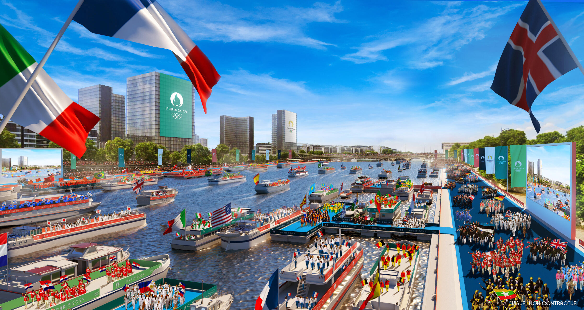 An illustration showing the concept for the Paris Olympics opening ceremony, to be staged on the River Seine.