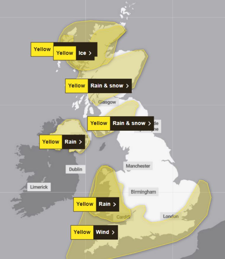 Das Met Office hat heute sieben gelbe Wetterwarnungen für weite Teile des Vereinigten Königreichs herausgegeben