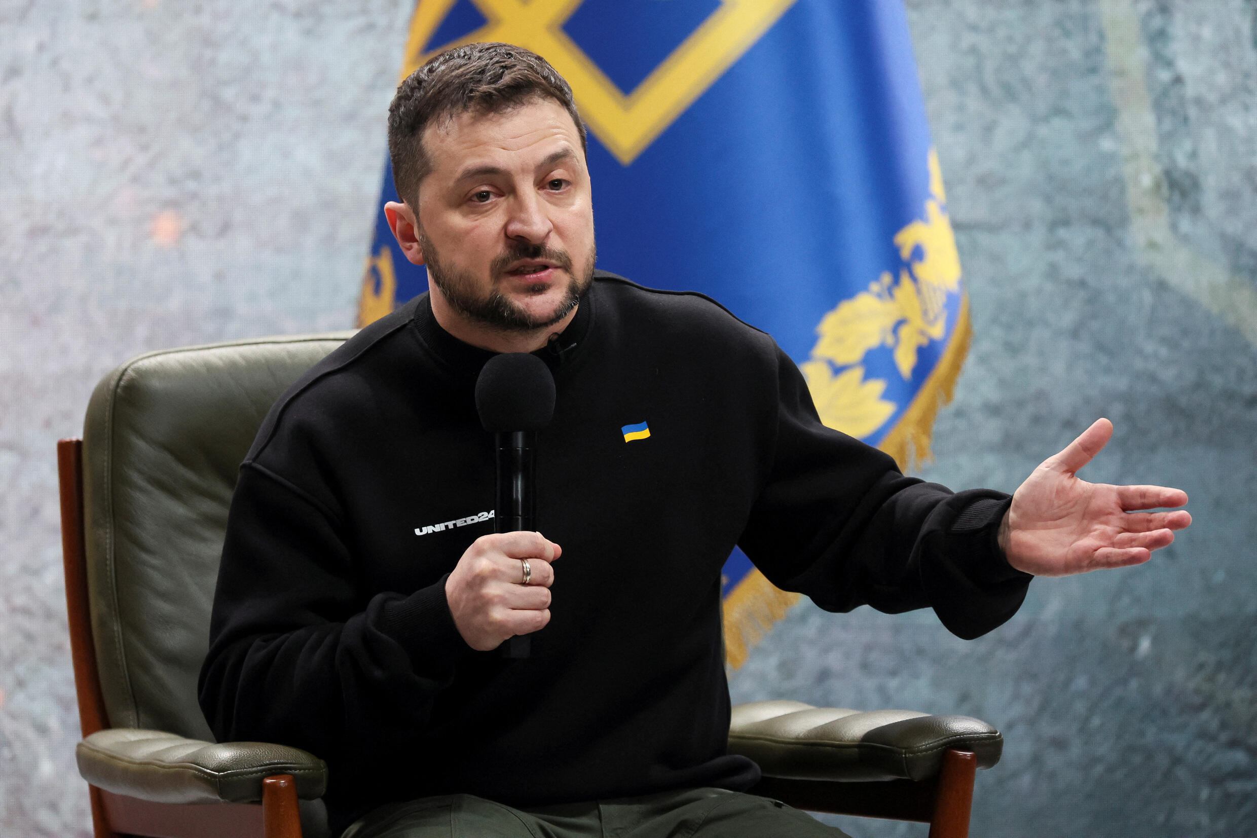 President Volodymyr Zelensky gives a rare press conference on February 24, 2023.