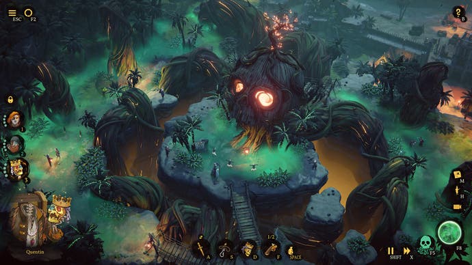 Screenshot of Against the Storm, showing a partially constructed settlement in an surreal-coloured forest.