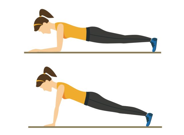 Planke bis Liegestütz, Konzept von Übungen zur Wiederherstellung des Gleichgewichts
