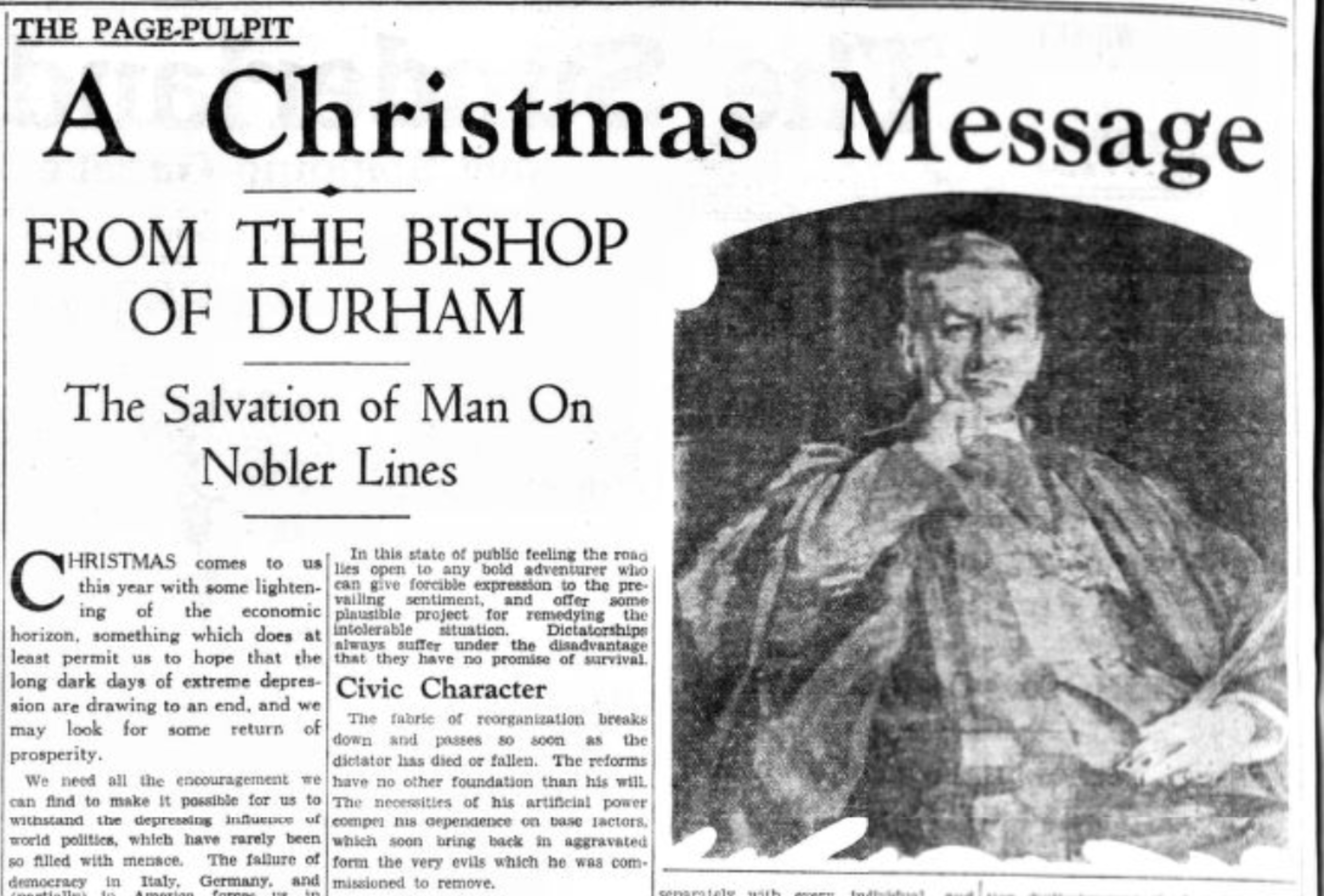 Eine Weihnachtsbotschaft des damaligen Bischofs von Durham wurde 1933 in der Lokalzeitung behandelt