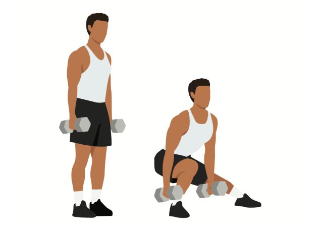 Illustration eines Mannes, der seitliche Kniebeugen/Ausfallschritte mit Kurzhanteln macht
