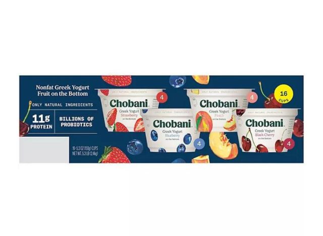 Chobani, fettfreie griechische Joghurtfrucht auf der Unterseite