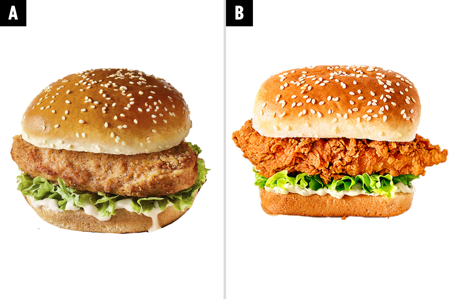 Einer ist ein KFC Chicken Filet Burger und der andere ist ein KFC Bean Burger