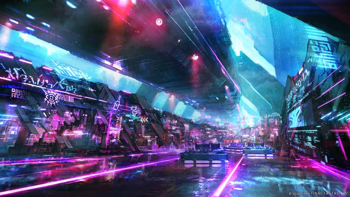 Konzeptkunst der Cyberpunk-Stadt Solution Nine aus FF14 Dawntrail