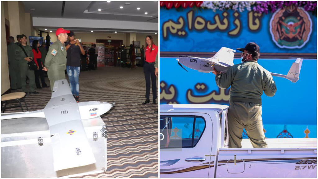 Das Bild links zeigt eine Militärausstellung in Venezuela im Juli 2023. Das Bild rechts zeigt eine "Yazdan" Drohne, die 2022 bei einer Militärparade im Iran ausgestellt wird.