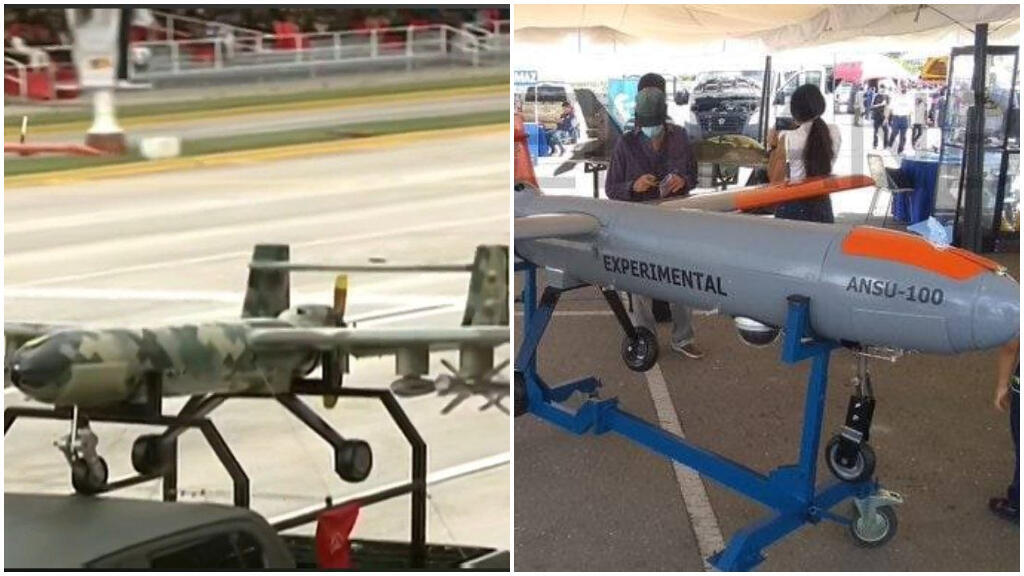 Das Bild links zeigt eine ANSU-100-Drohne bei einer Militärparade in Venezuela im Jahr 2022. Das Bild rechts zeigt eine ANSU-100-Drohne bei einer Militärmesse in Venezuela im Jahr 2021.