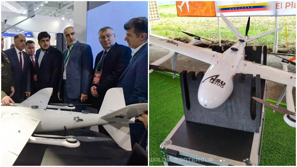 Das Bild rechts zeigt die „Shahin“-Drohne, die von der iranischen Militärindustrie während einer Militärmesse in Weißrussland im Mai 2023 ausgestellt wird. Das Bild rechts zeigt die ANSU-500-Drohne auf einer Militärmesse in Venezuela im Jahr 2023.