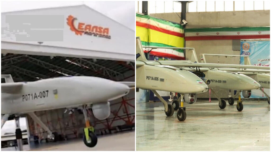 Links ist ein Bild der iranischen Mohajer-6-Drohne in Venezuela im Jahr 2020 zu sehen. Das rechte Bild zeigt die iranische Mohajer-6-Drohne auf einem Foto, das 2018 von iranischen Nachrichtenagenturen veröffentlicht wurde.